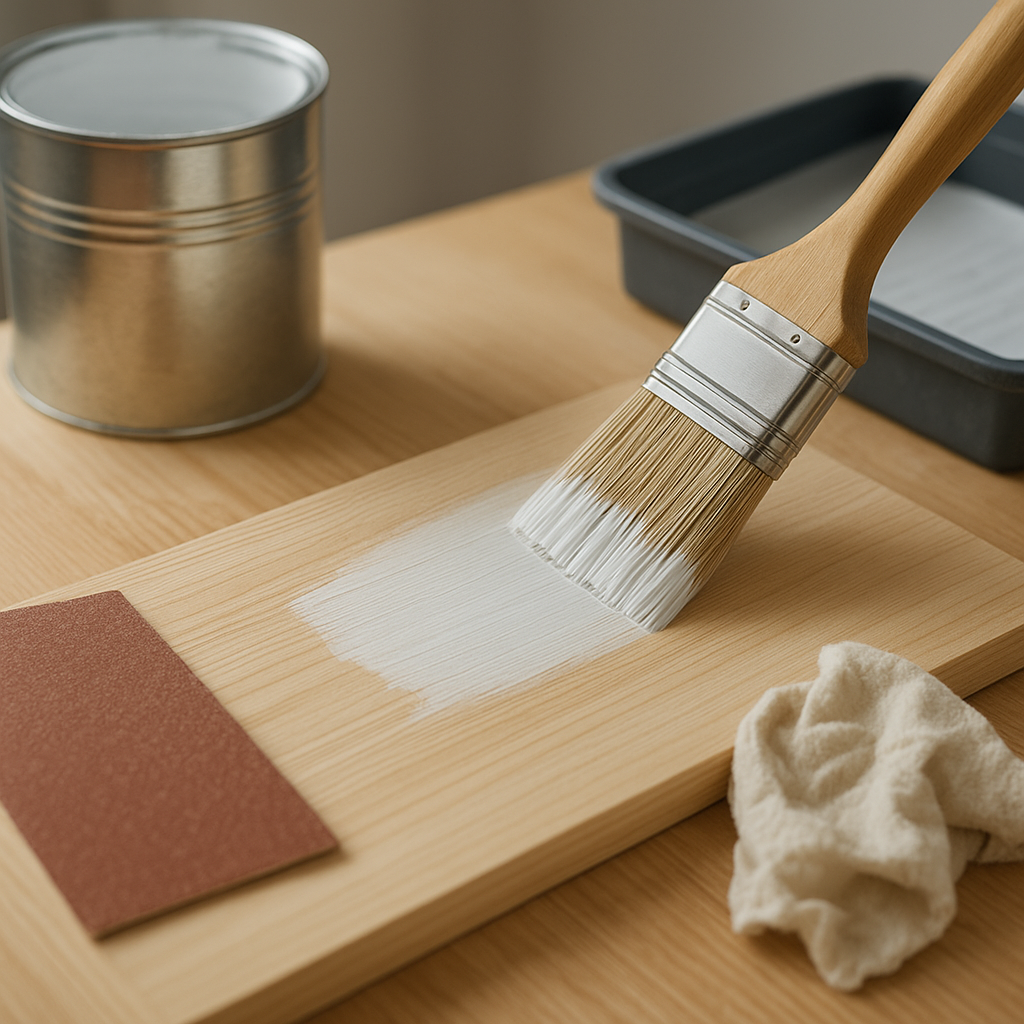 Application de peinture sur un meuble en bois après préparation