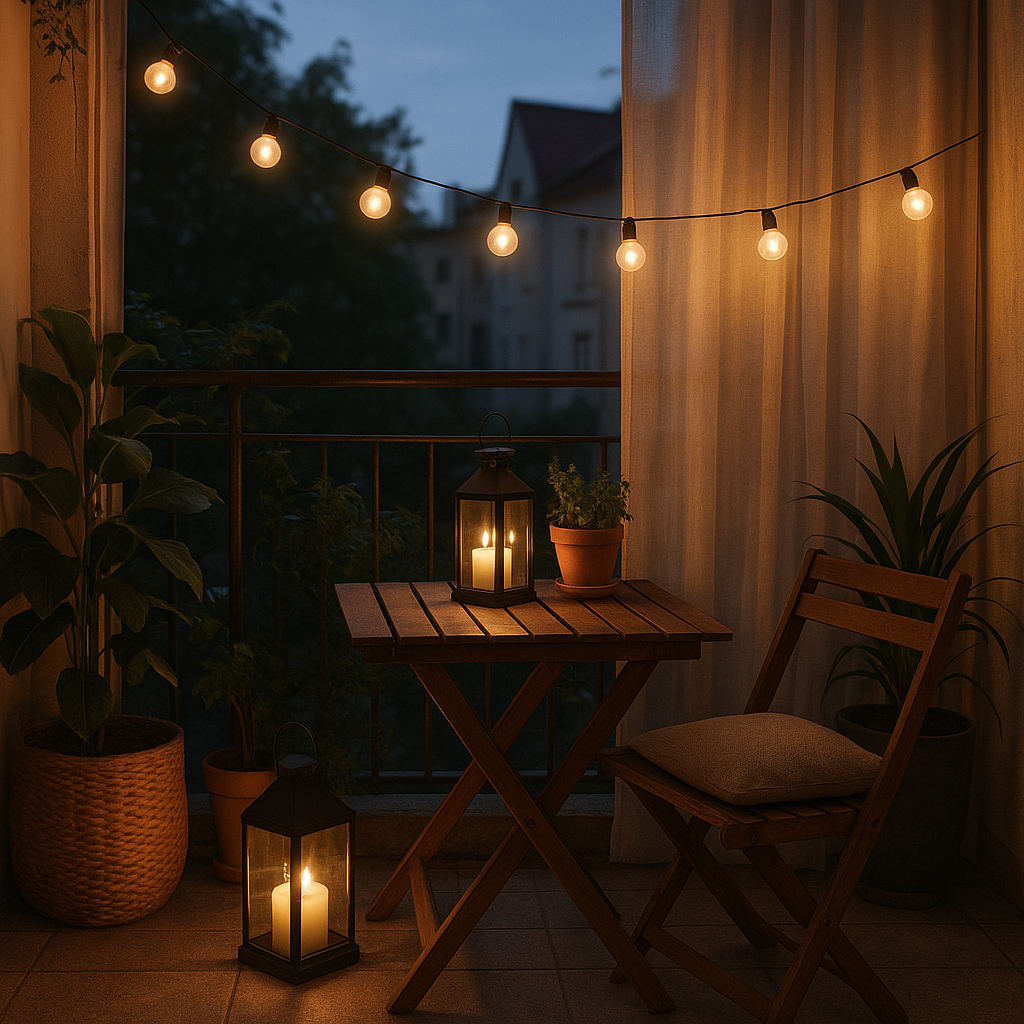 Balcon cosy avec éclairage et intimité pour petit extérieur
