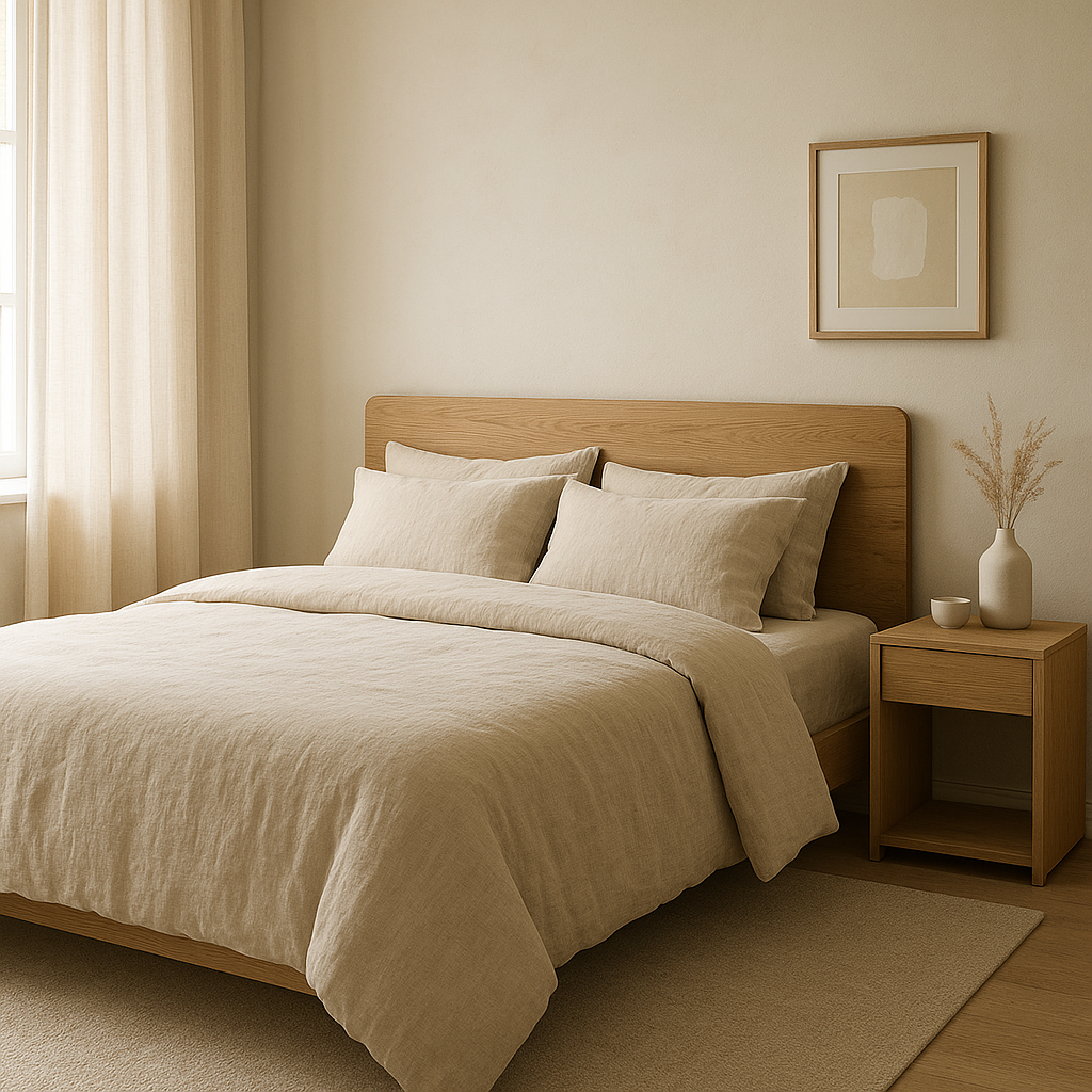 Chambre adulte élégante avec linge de lit en lin et couleurs douces