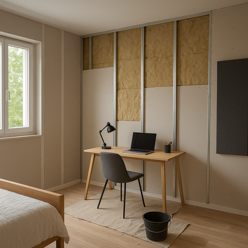 Chambre avec doublage et panneaux acoustiques pour réduire le bruit
