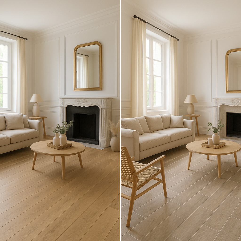 Carrelage imitation bois : avantages, limites et avis avant d’acheter 3 Comparatif visuel entre parquet et carrelage imitation bois