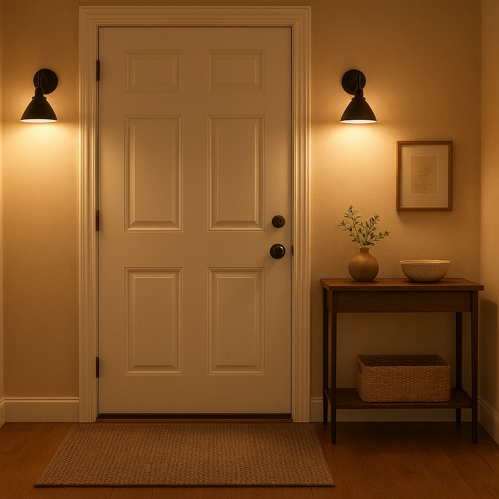 Détail d’une entrée avec éclairage chaleureux et déco soignée