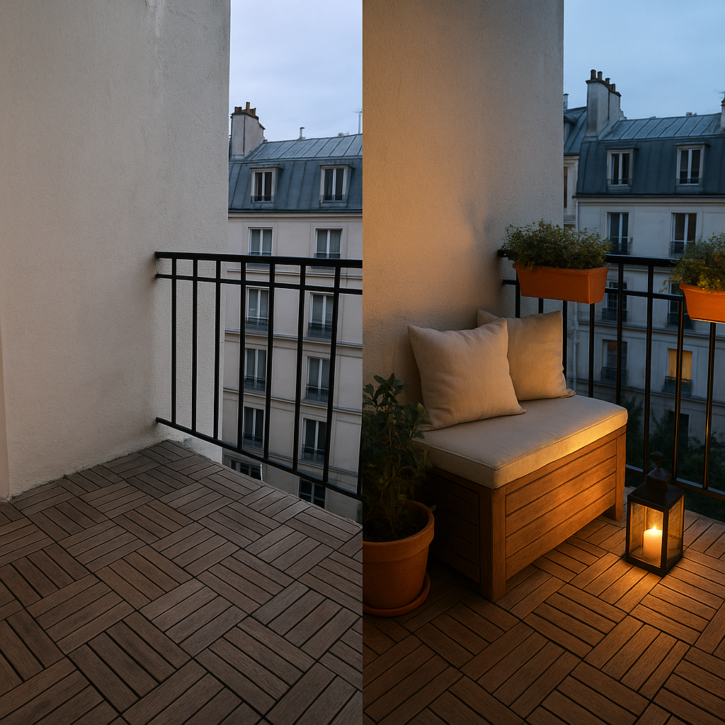 Exemple d’aménagement d’un petit balcon avec sol, assise et plantes