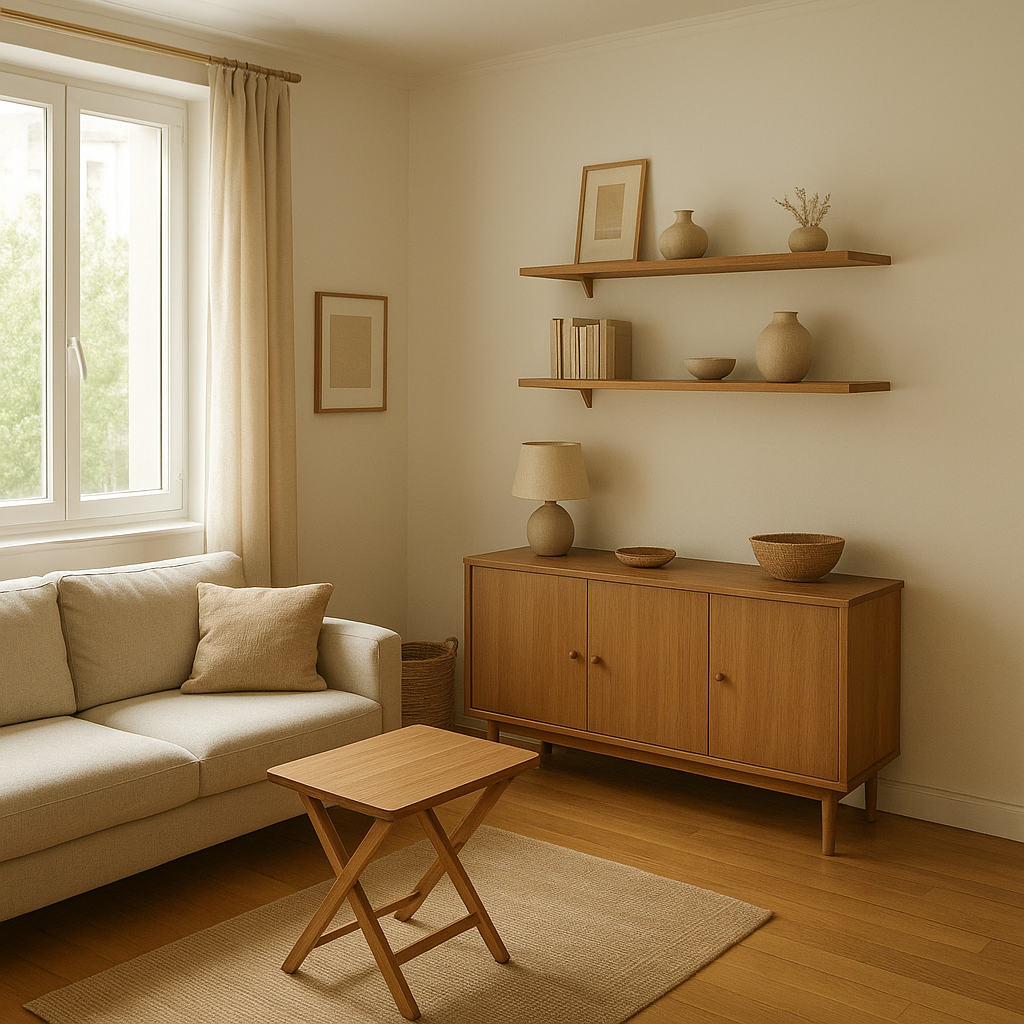 Petit espace aménagé avec rangements muraux et mobilier compact