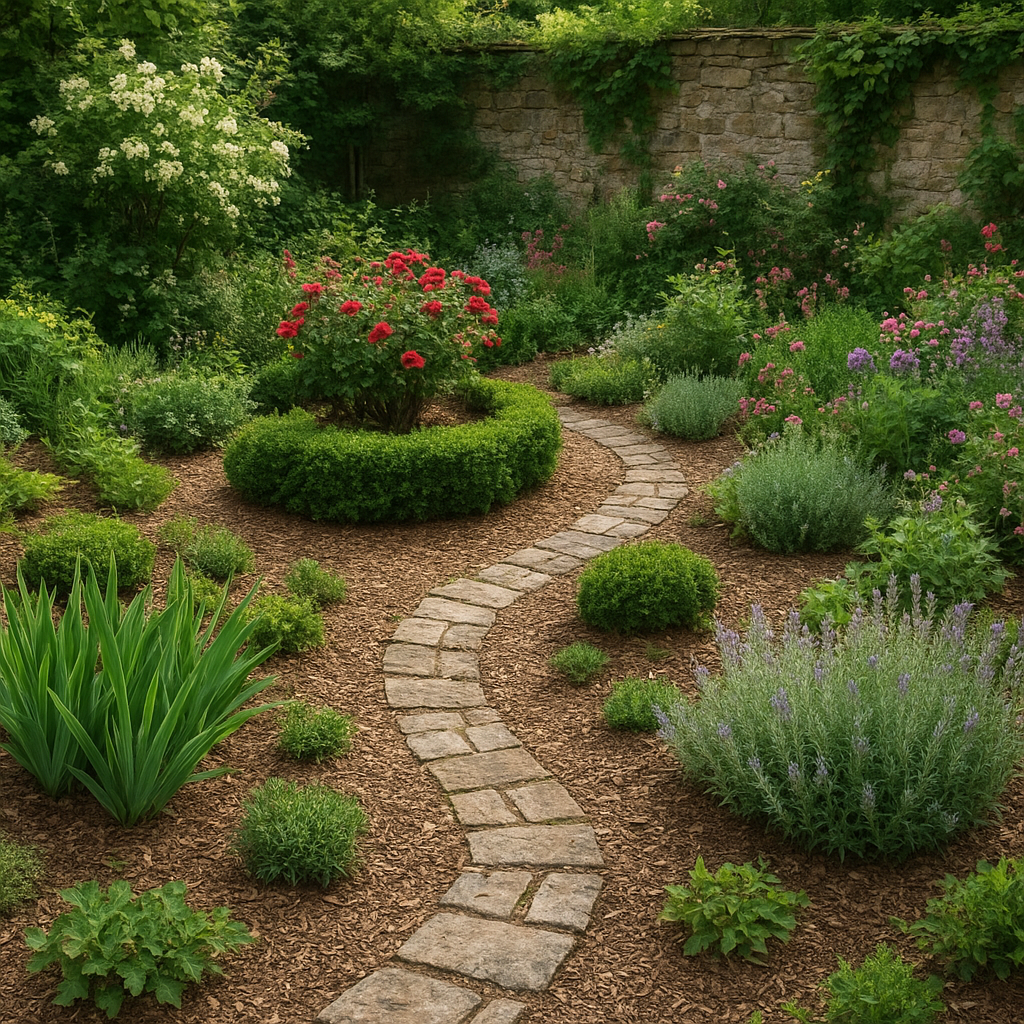 Petit jardin aménagé à petit budget avec massifs et paillage