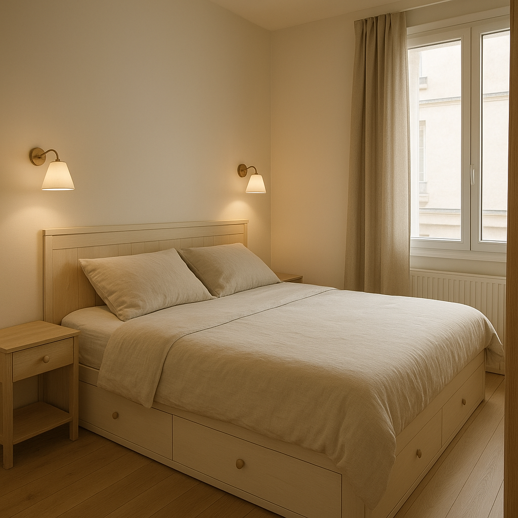 Petite chambre aménagée avec mobilier gain de place et lumière douce
