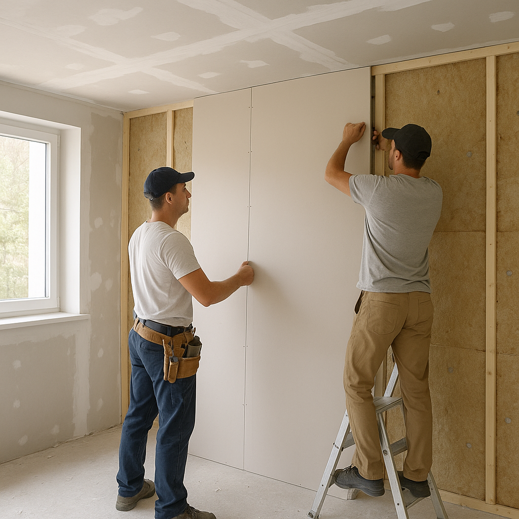 Pose de l'isolation et des cloisons pendant une rénovation