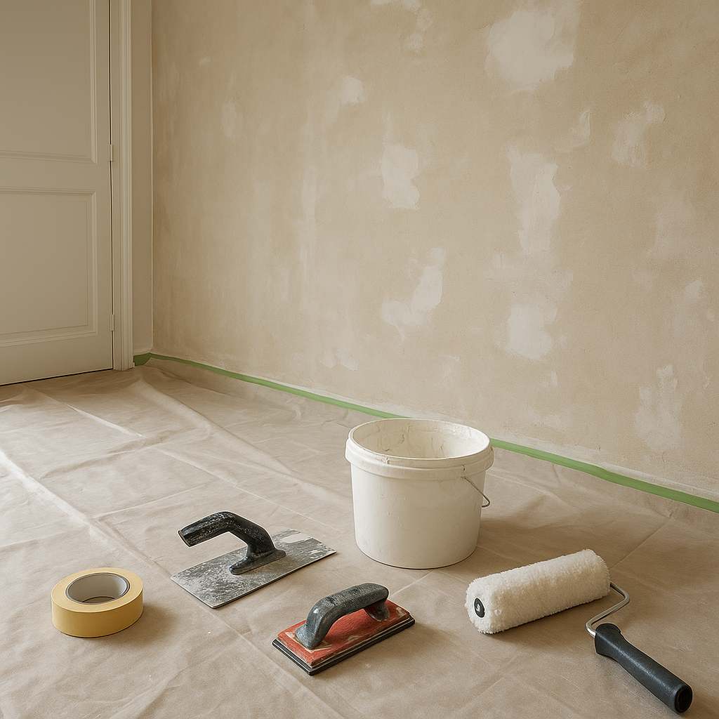 Préparation d’un mur avant peinture avec matériel de base