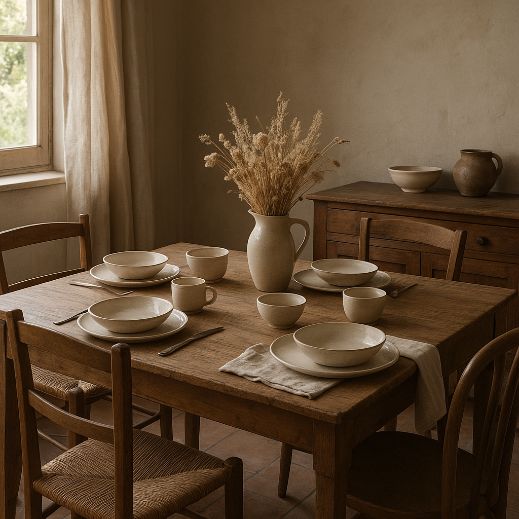 Salle à manger déco maison de campagne avec table en bois et matières naturelles
