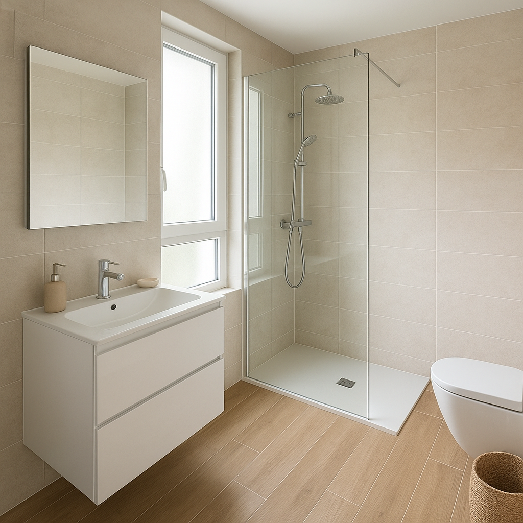 Carrelage imitation bois : avantages, limites et avis avant d’acheter 2 Salle de bain avec carrelage imitation bois au sol