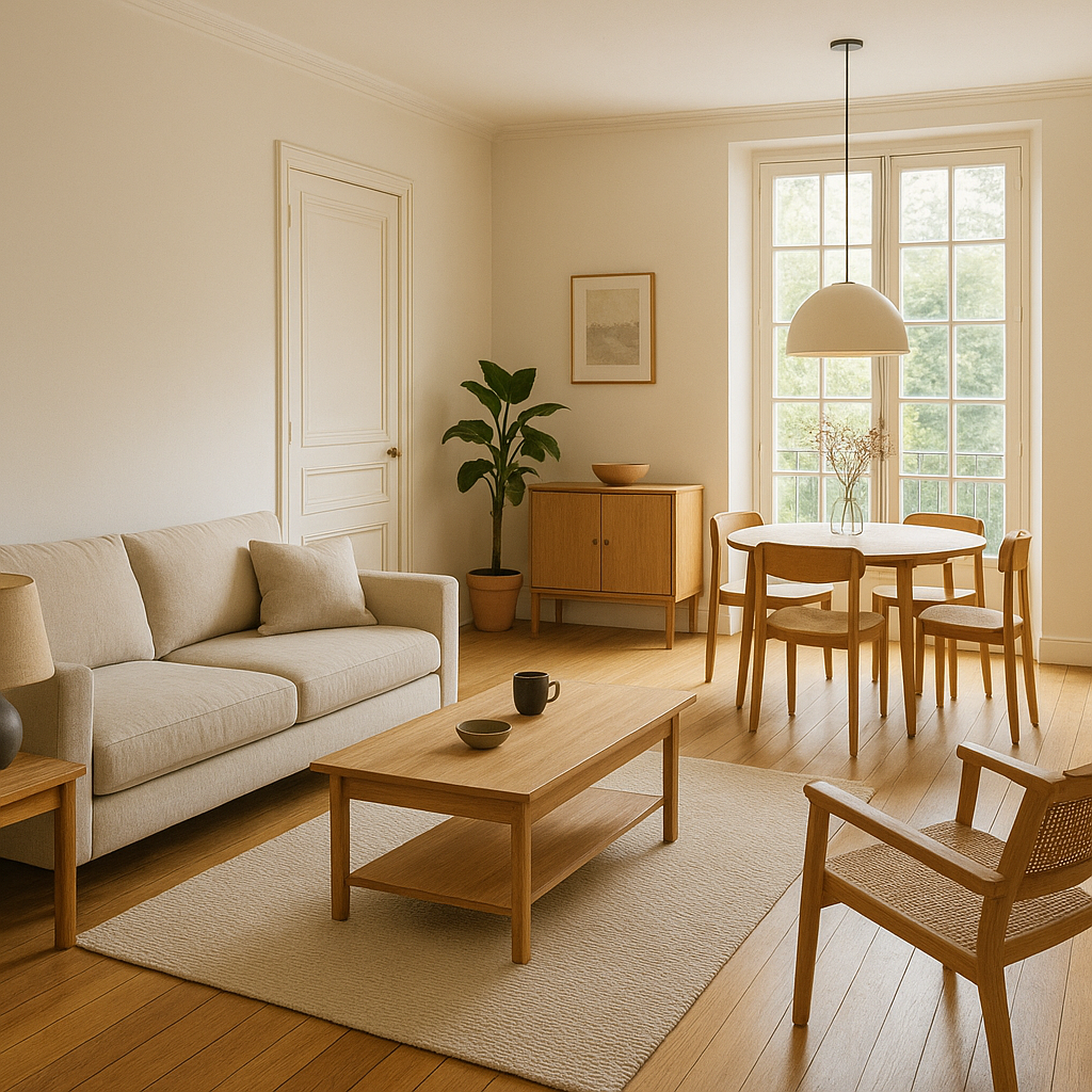 Salon avec parquet massif en bois naturel