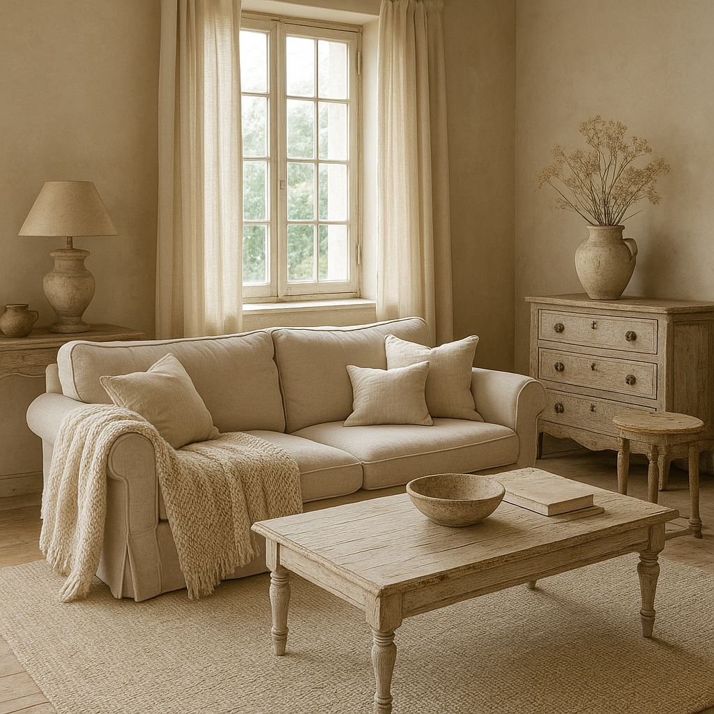 Salon campagne chic avec mobilier récup et couleurs douces