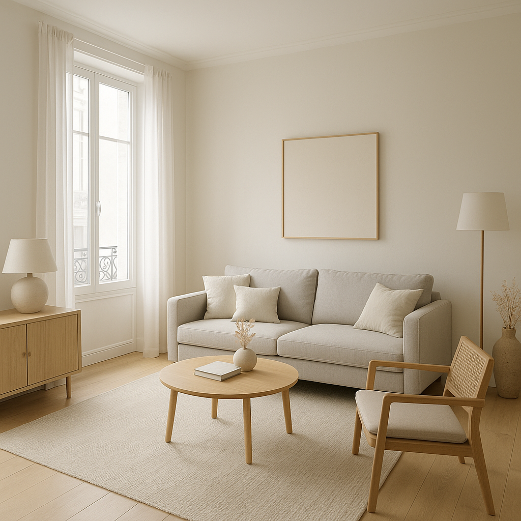 Home staging appartement : les 10 actions qui valorisent le plus un bien 2 Salon d’appartement désencombré et lumineux pour home staging