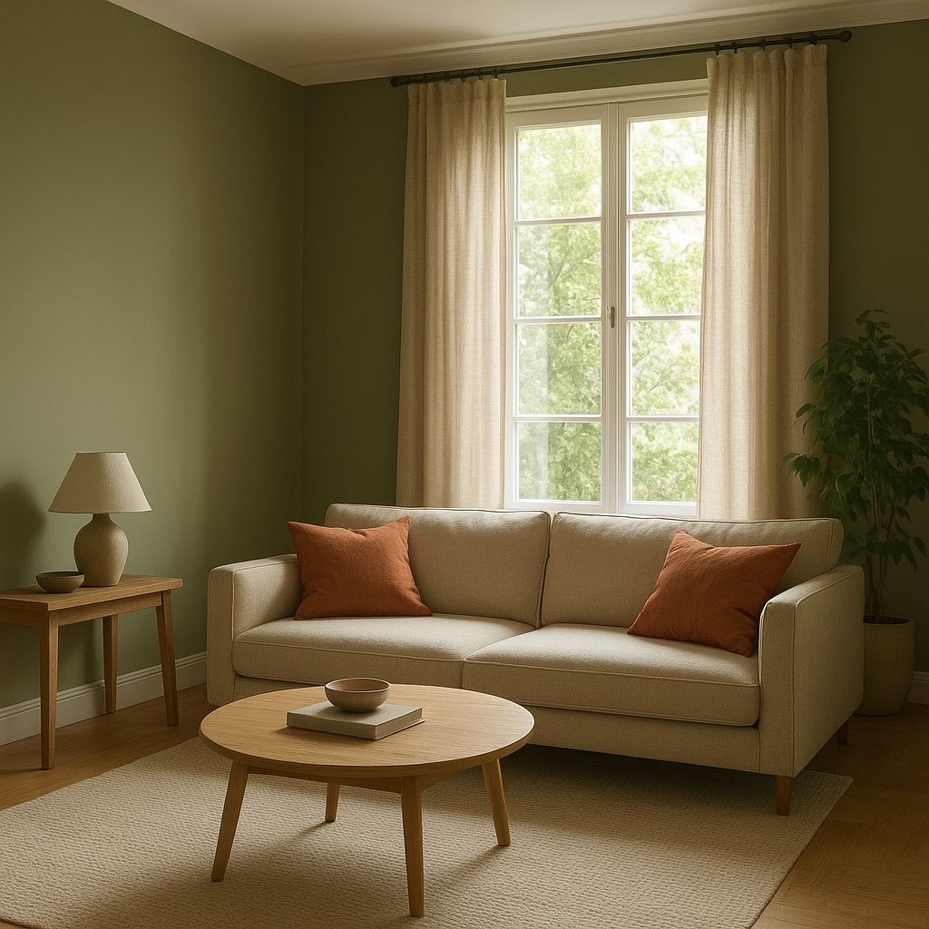 Couleurs tendance intérieur : les teintes à adopter pièce par pièce 2 Salon décoré avec une couleur tendance intérieure vert olive