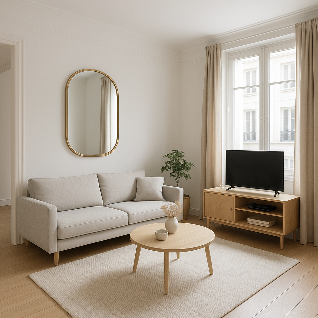 Salon lumineux dans un petit appartement avec meubles bas et miroir mural
