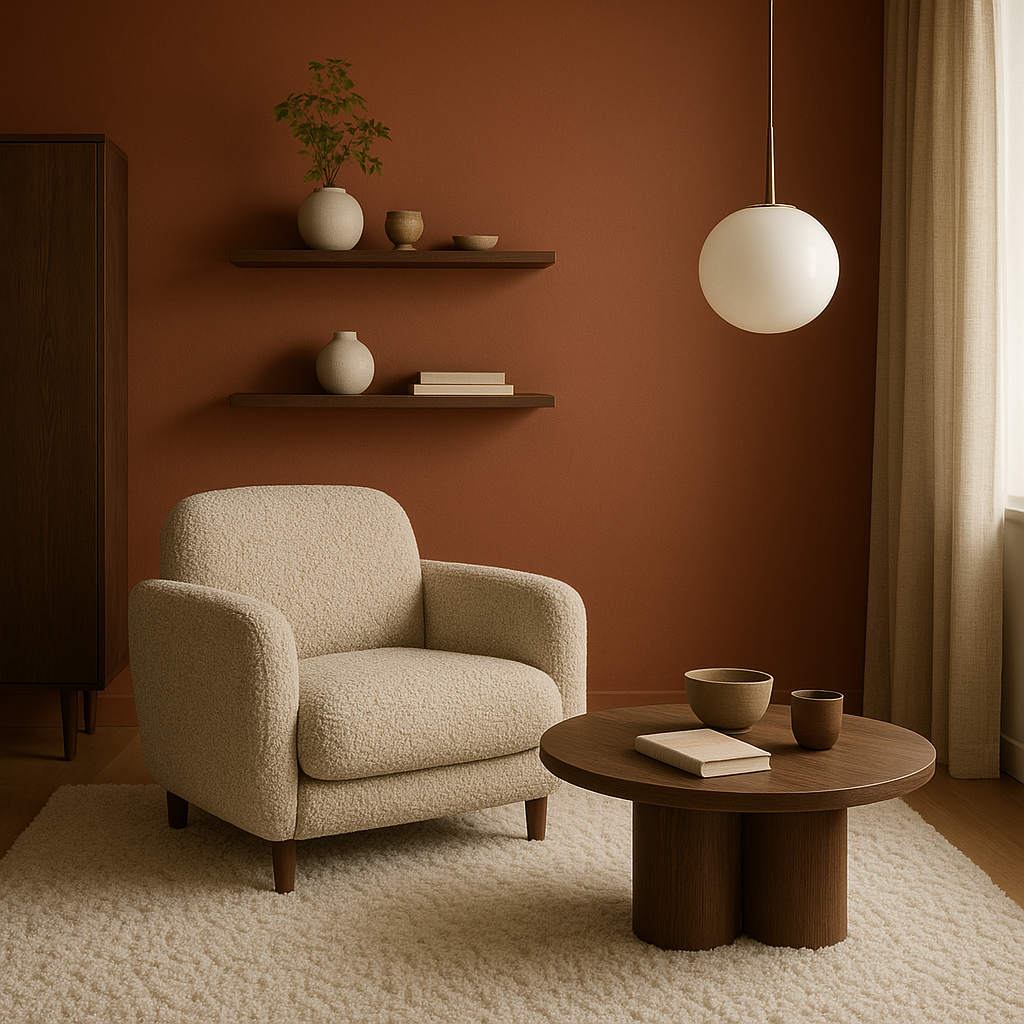 Salon moderne avec mur accent et matières chaleureuses