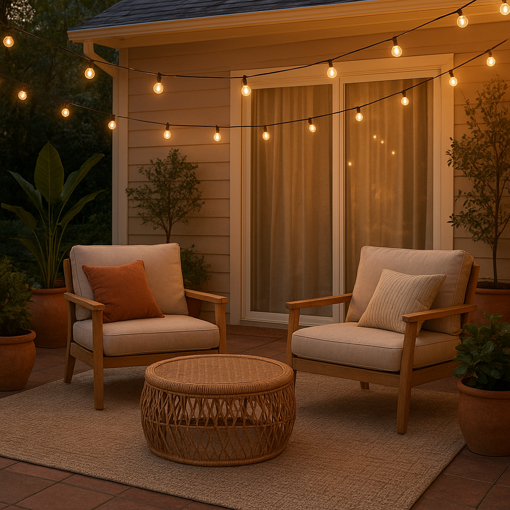 Terrasse cosy avec éclairage doux et décoration confortable