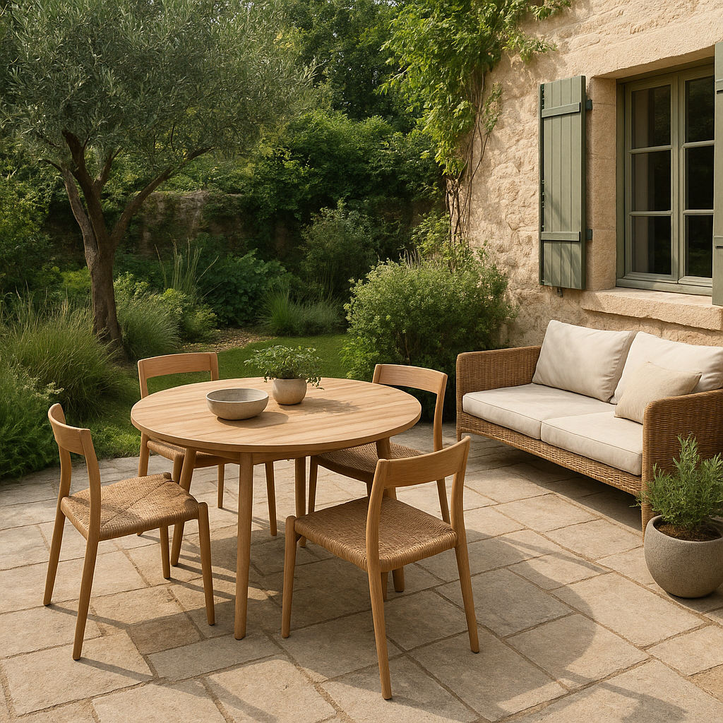 Terrasse familiale en bois ou pierre dans un cadre résidentiel français