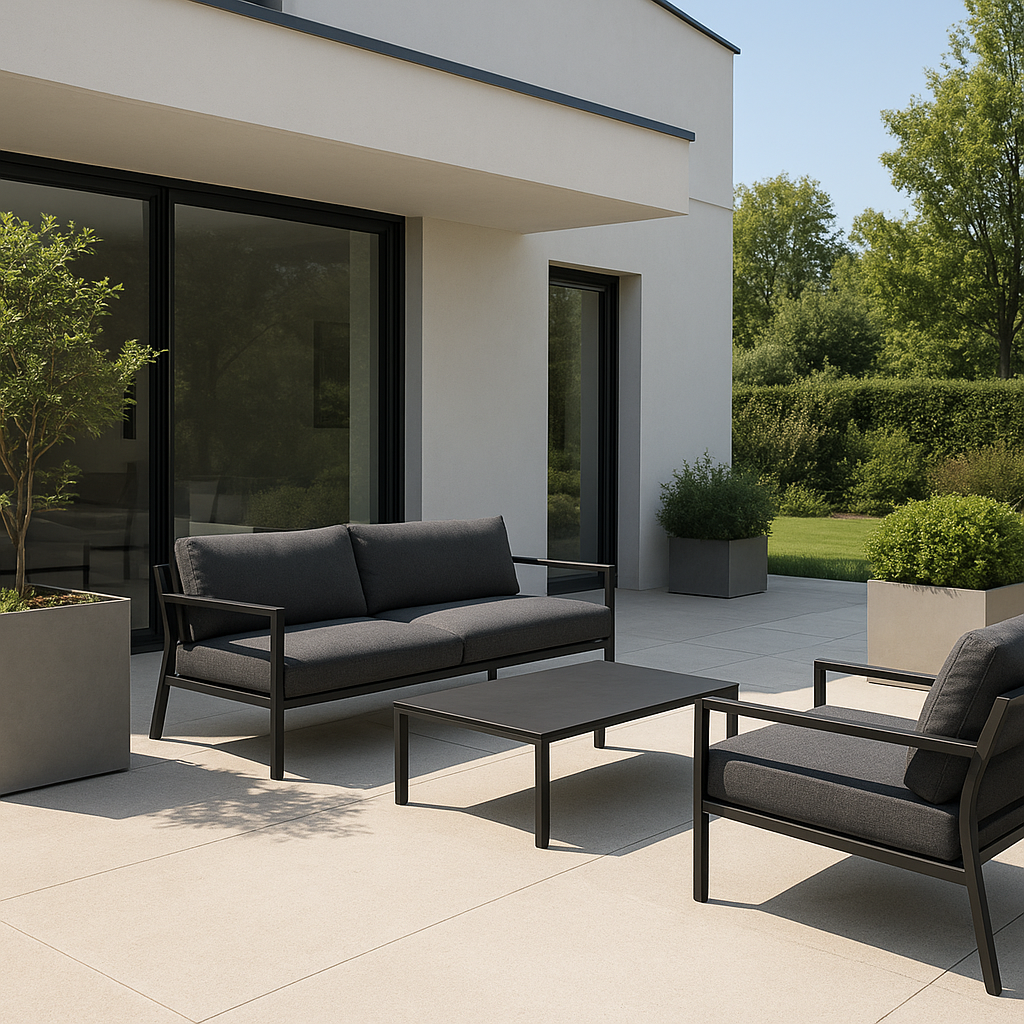 Terrasse moderne avec mobilier épuré et matériaux contemporains
