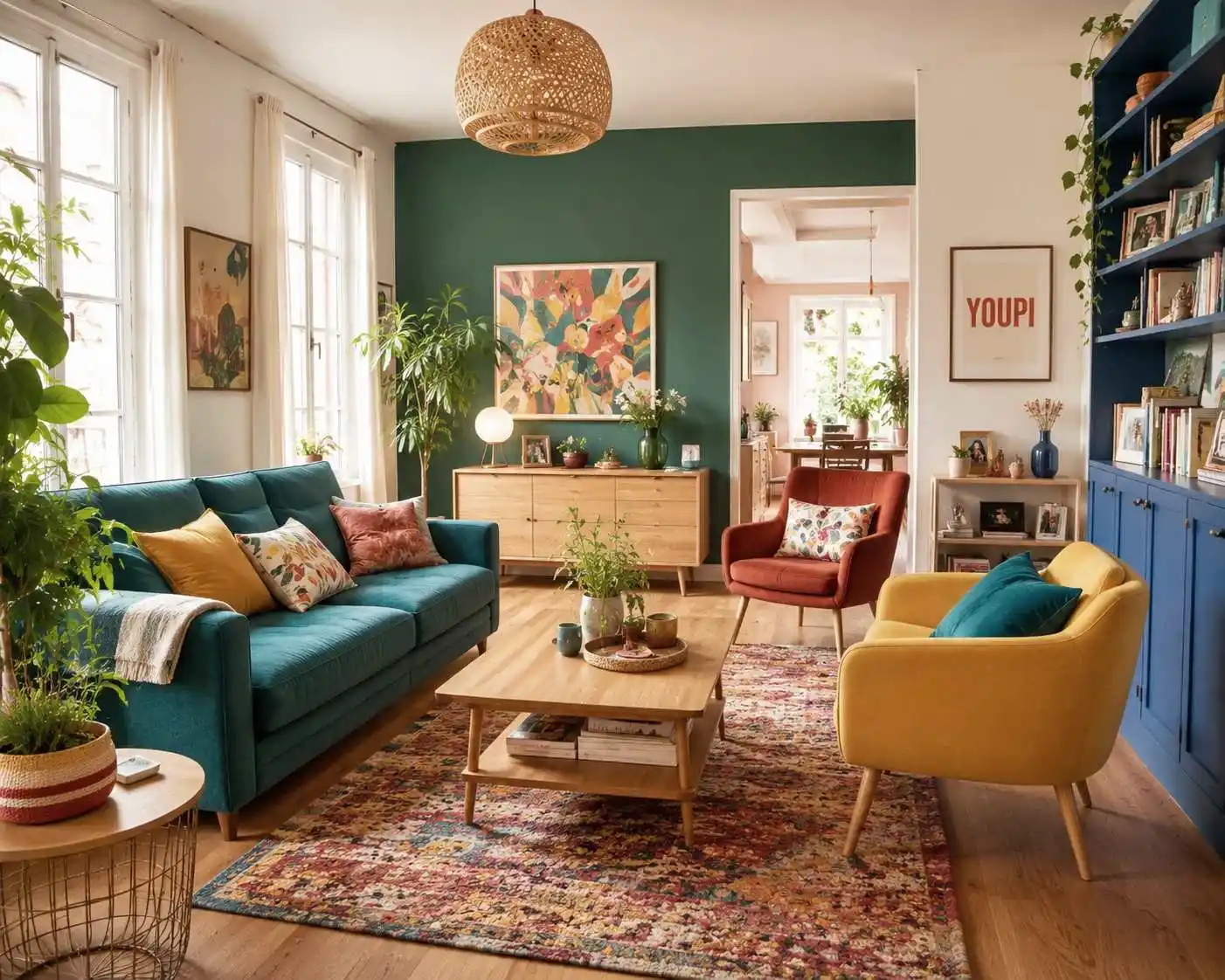 Décoration intérieure colorée mêlant mobilier design, pièces vintage et objets décoratifs de caractère