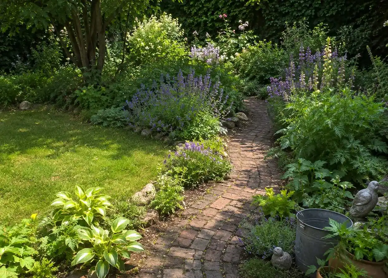 Jardin paysager aux massifs fleuris aménagé autour d’une maison au charme ancien