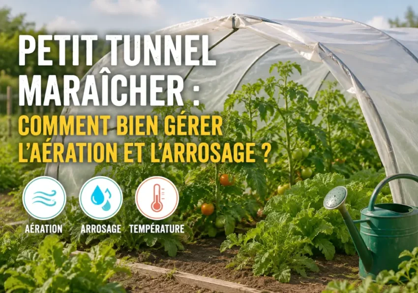Petit tunnel maraîcher : comment bien gérer l’aération et l’arrosage ? 1 Vue d'un petit tunnel maraîcher avec un système d'aération et un arrosage en place