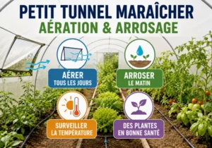 Petit tunnel maraîcher montrant des rangées de légumes, ventilation et arrosage visibles